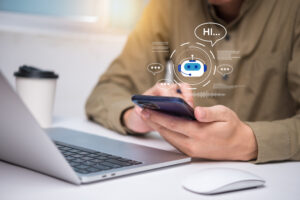Chatbot conversation Ai Artificial Intelligence technology online customer service.Digital chatbot, robot application, Futuristic technology.Virtual assistant on internet.